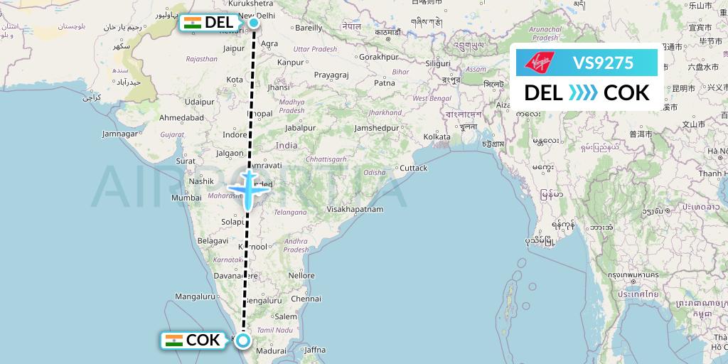 VS9275 Virgin Atlantic Airways Flight Map: Delhi to Cochin