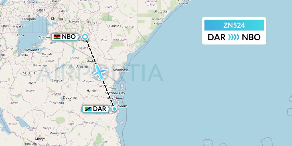 ZN524 Zambia Airways Flight Map: Dar-es-Salaam to Nairobi