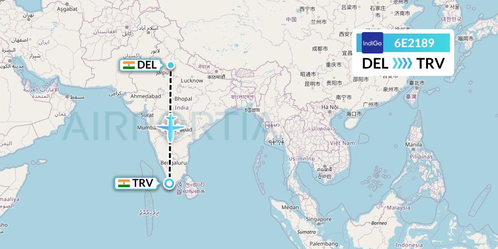 6E2189 IndiGo Airlines Flight Map: Delhi to Thiruvananthapuram