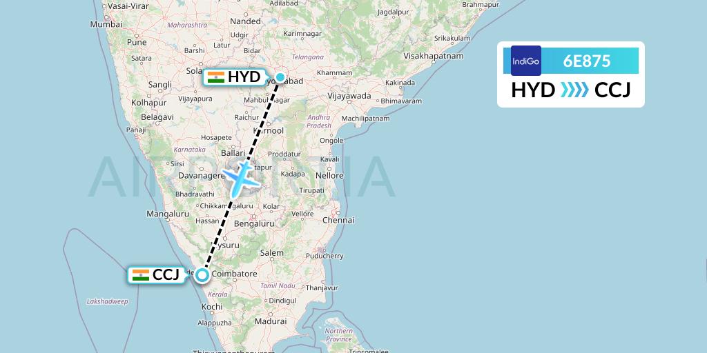 6E875 IndiGo Airlines Flight Map: Hyderabad to Kozhikode