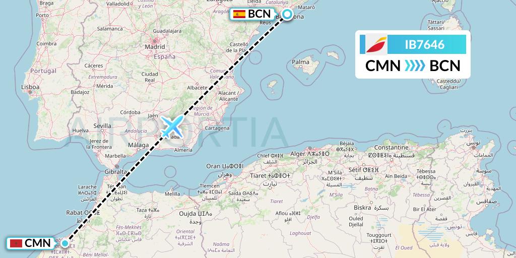 IB7646 Iberia Flight Map: Casablanca to Barcelona