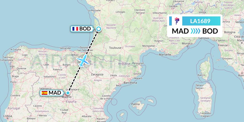 LA1689 LAN Airlines Flight Map: Madrid to Bordeaux