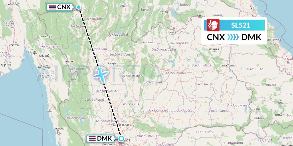 SL521 Thai Lion Air Flight Map: Chiang Mai to Bangkok