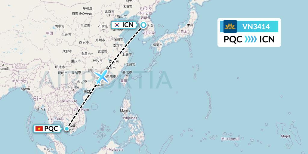 VN3414 Vietnam Airlines Flight Map: Phu Quoc to Seoul