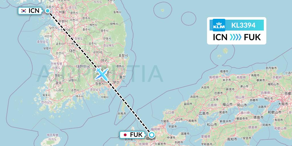 KL3394 KLM Flight Map: Seoul to Fukuoka