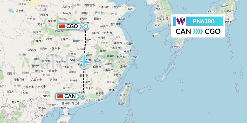 PN6380 China West Air Flight Map: Guangzhou to Zhengzhou