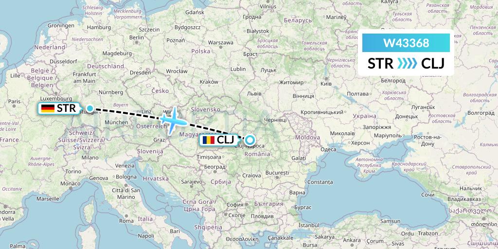 W43368 Wizz Air Malta Flight Map: Stuttgart to Cluj-Napoca