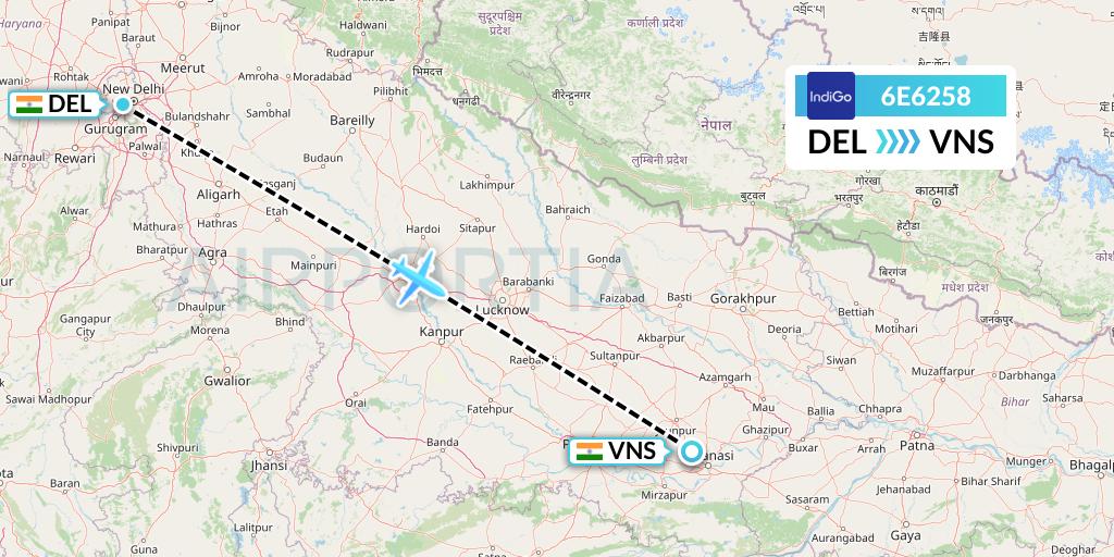 6E6258 IndiGo Airlines Flight Map: Delhi to Varanasi