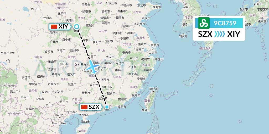 9C8759 Spring Airlines Flight Map: Shenzhen to Xi'an