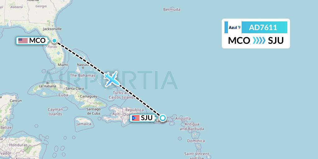 AD7611 Azul Brazilian Airlines Flight Map: Orlando to San Juan