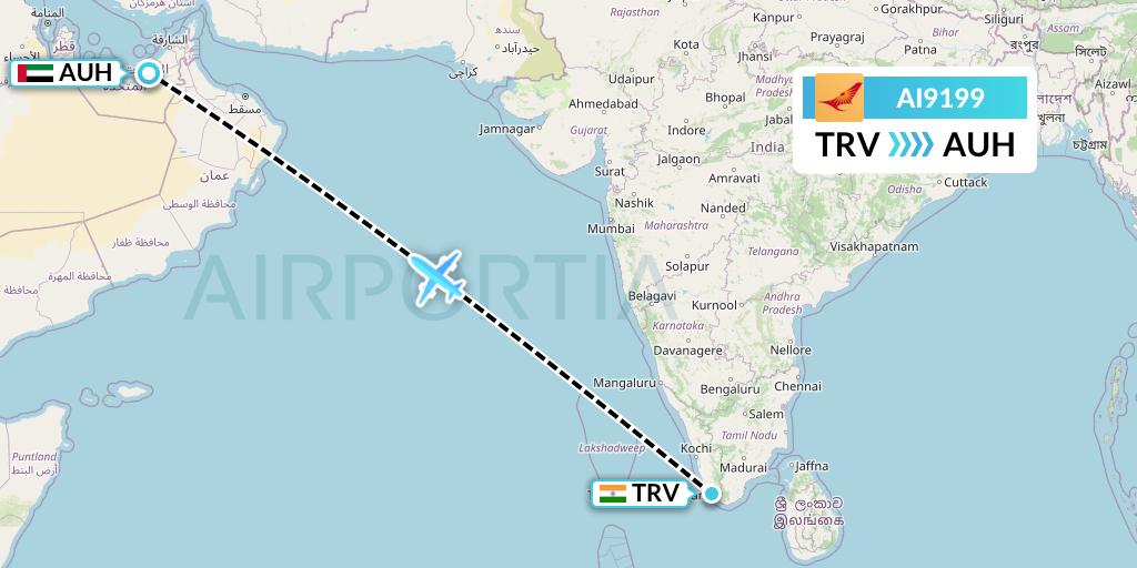 AI9199 Air India Flight Map: Thiruvananthapuram to Abu Dhabi