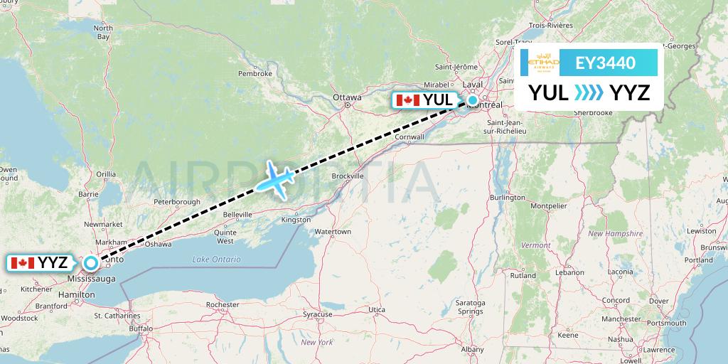 EY3440 Etihad Airways Flight Map: Montreal to Toronto