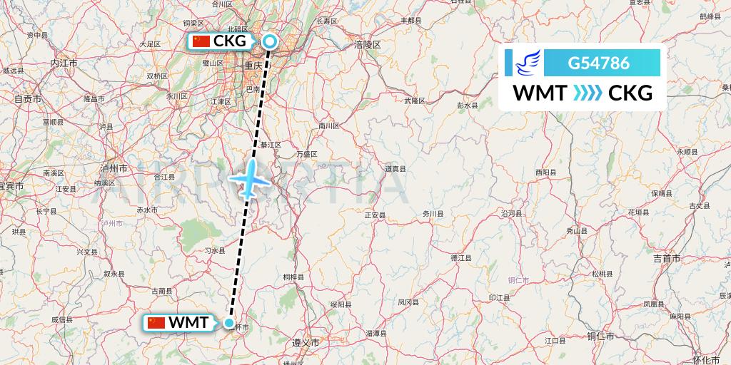 G54786 China Express Airlines Flight Map: Zunyi to Chongqing