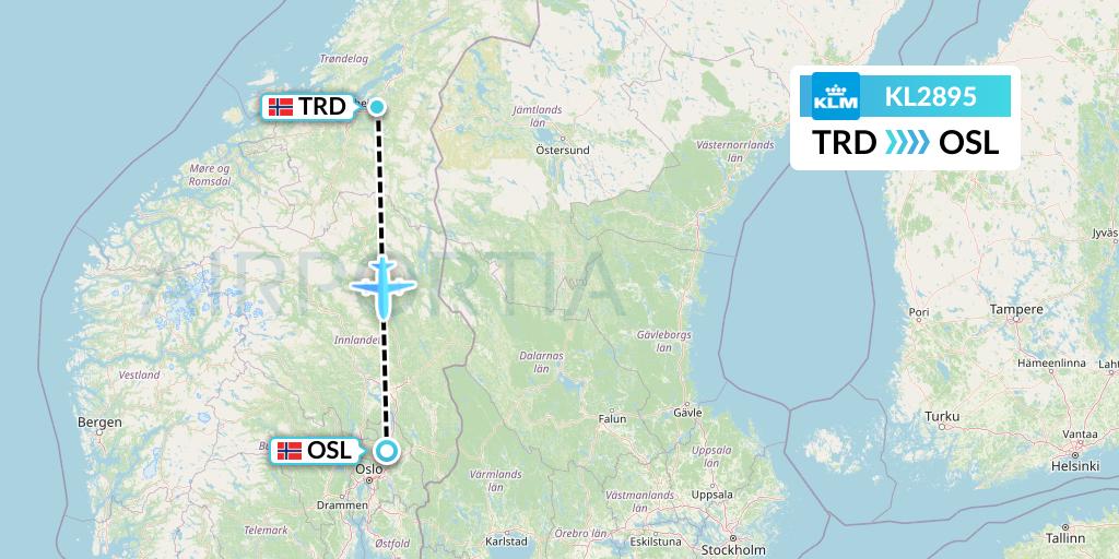 KL2895 KLM Flight Map: Trondheim to Oslo