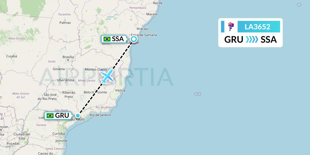 LA3652 LAN Airlines Flight Map: Sao Paulo to Salvador