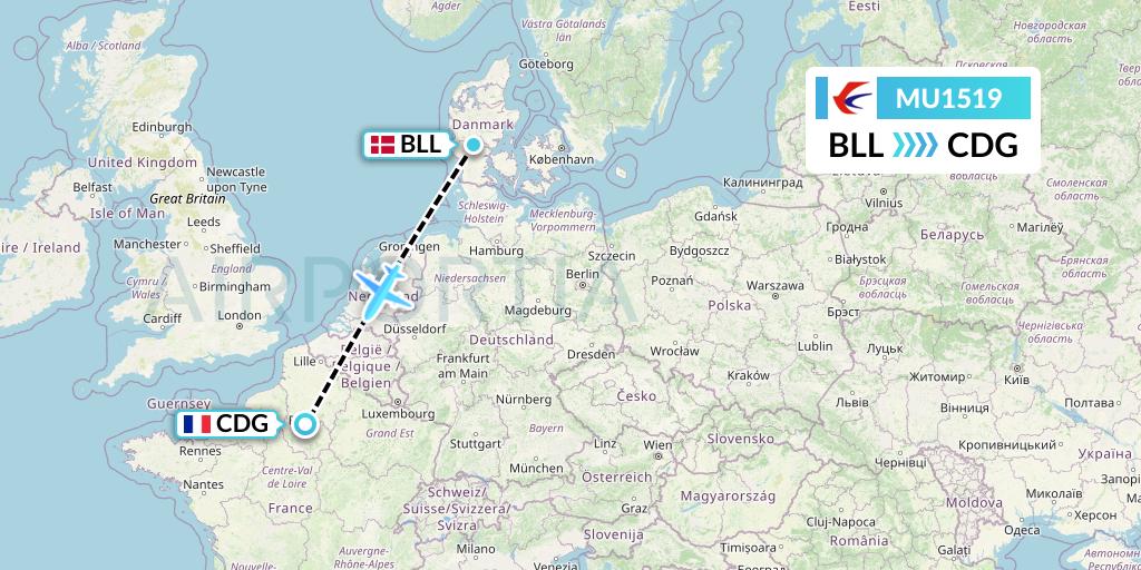MU1519 China Eastern Airlines Flight Map: Billund to Paris