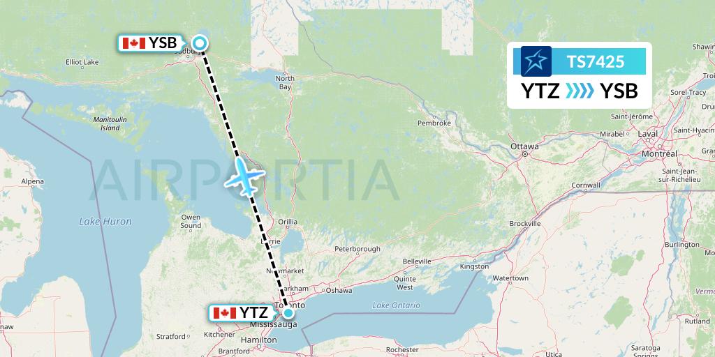 TS7425 Air Transat Flight Map: Toronto to Sudbury