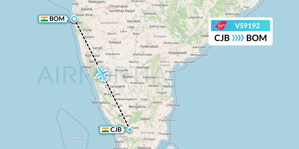 VS9192 Virgin Atlantic Airways Flight Map: Coimbatore to Mumbai