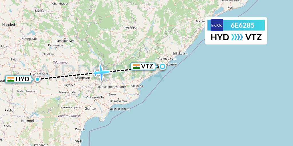 6E6285 IndiGo Airlines Flight Map: Hyderabad to Visakhapatnam