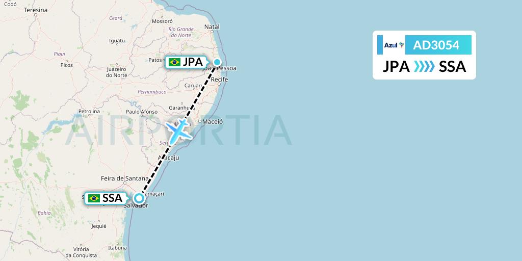 AD3054 Azul Brazilian Airlines Flight Map: Joao Pessoa to Salvador