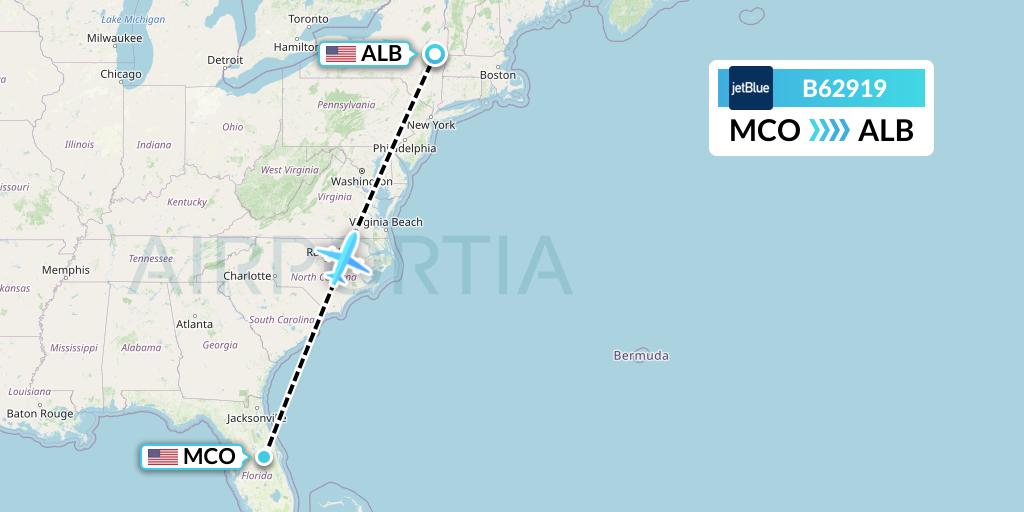 B62919 JetBlue Airways Flight Map: Orlando to Albany