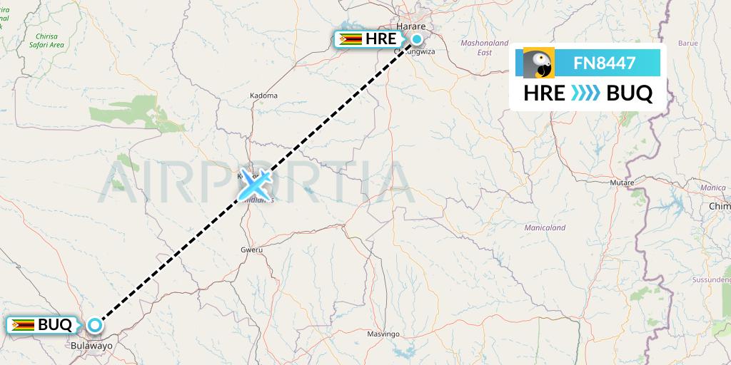 FN8447 Fastjet Flight Map: Harare to Bulawayo