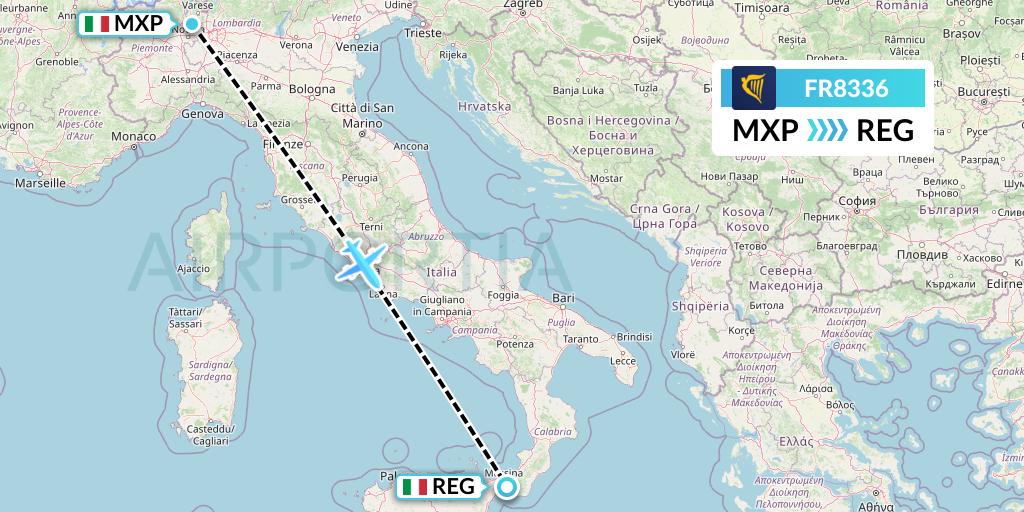 FR8336 Ryanair Flight Map: Milan to Reggio Calabria