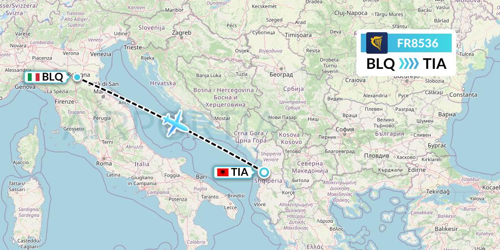 FR8536 Ryanair Flight Map: Bologna to Tirana