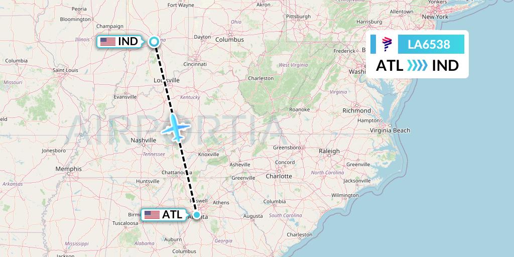 LA6538 LAN Airlines Flight Map: Atlanta to Indianapolis