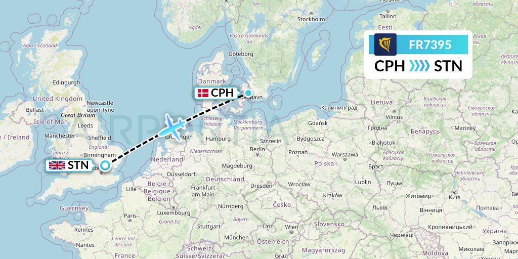 FR7395 Ryanair Flight Map: Copenhagen to London