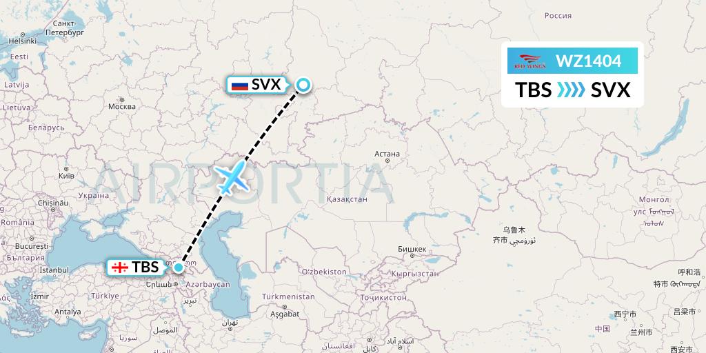 WZ1404 Red Wings Flight Map: Tbilisi to Yekaterinburg