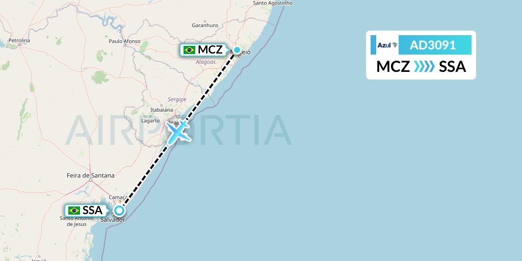 AD3091 Azul Brazilian Airlines Flight Map: Maceio to Salvador