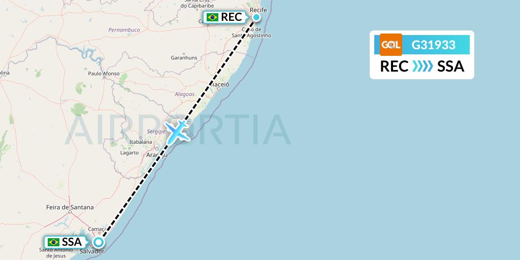 G31933 GOL Transportes Aeros Flight Map: Recife to Salvador