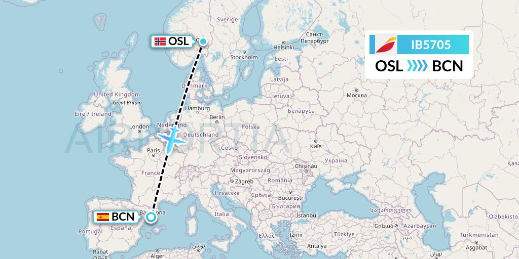 IB5705 Iberia Flight Map: Oslo to Barcelona