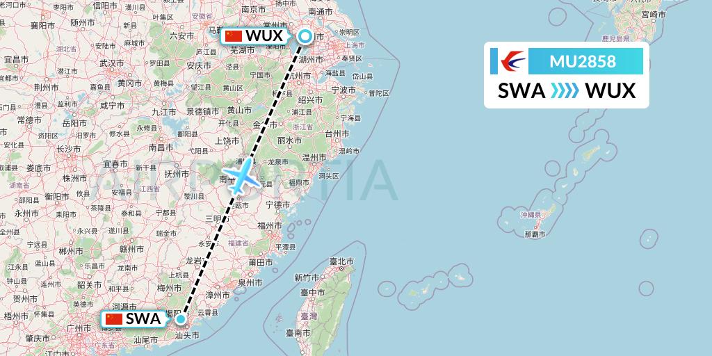 MU2858 China Eastern Airlines Flight Map: Jieyang to Wuxi