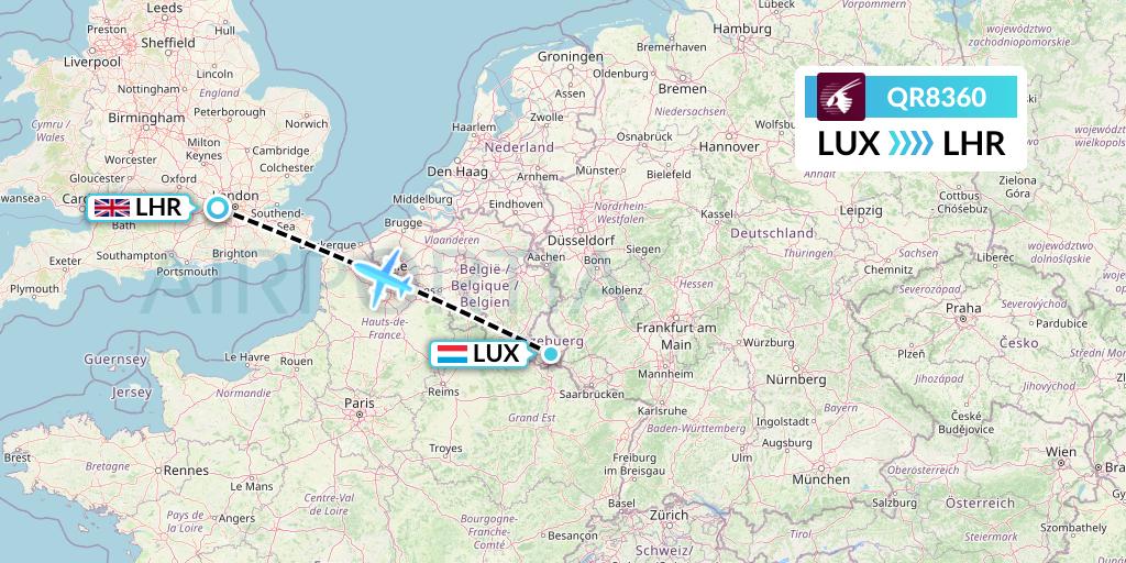 QR8360 Qatar Airways Flight Map: Luxembourg to London
