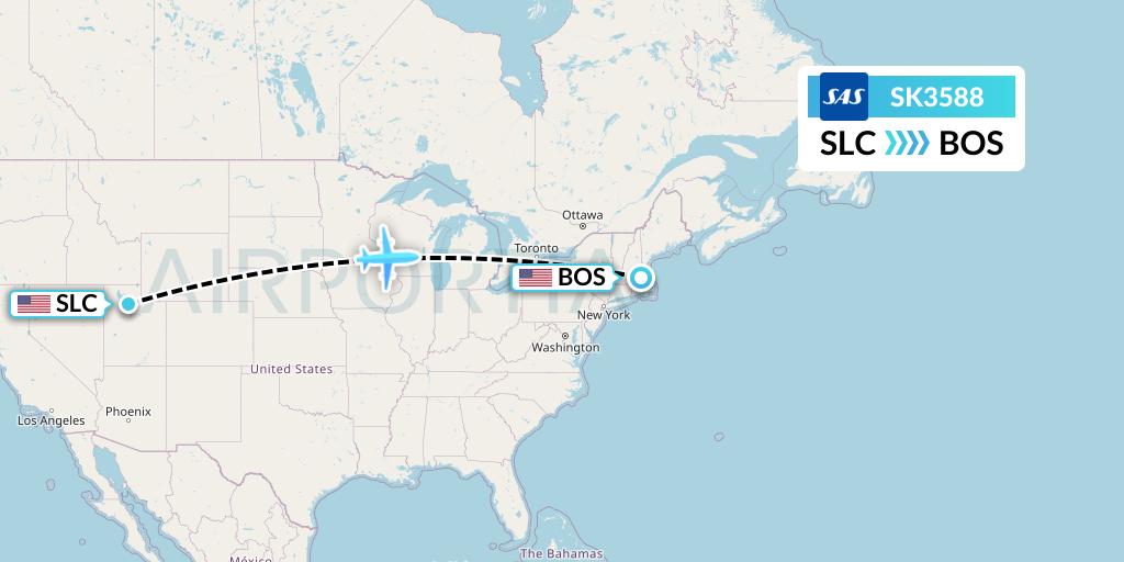 SK3588 SAS Flight Map: Salt Lake City to Boston