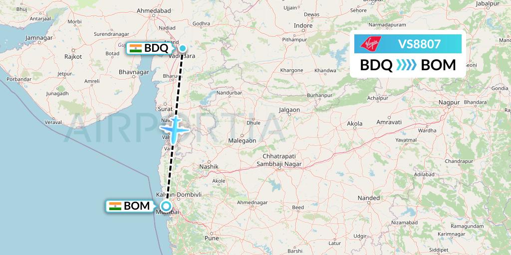VS8807 Virgin Atlantic Airways Flight Map: Vadodara to Mumbai