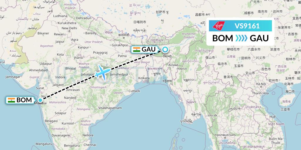 VS9161 Virgin Atlantic Airways Flight Map: Mumbai to Guwahati