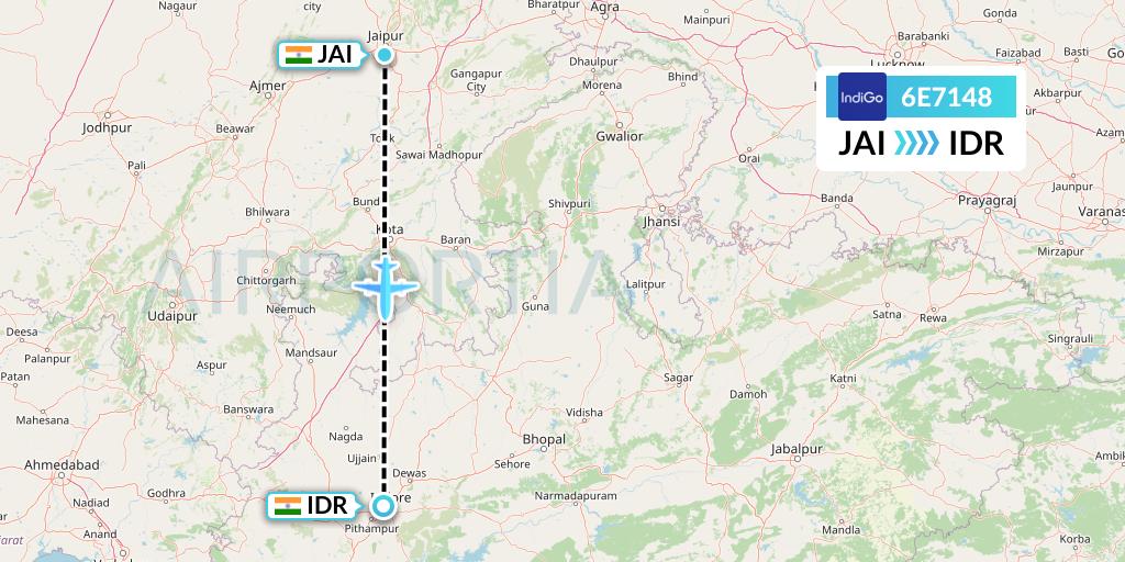 6E7148 IndiGo Airlines Flight Map: Jaipur to Indore