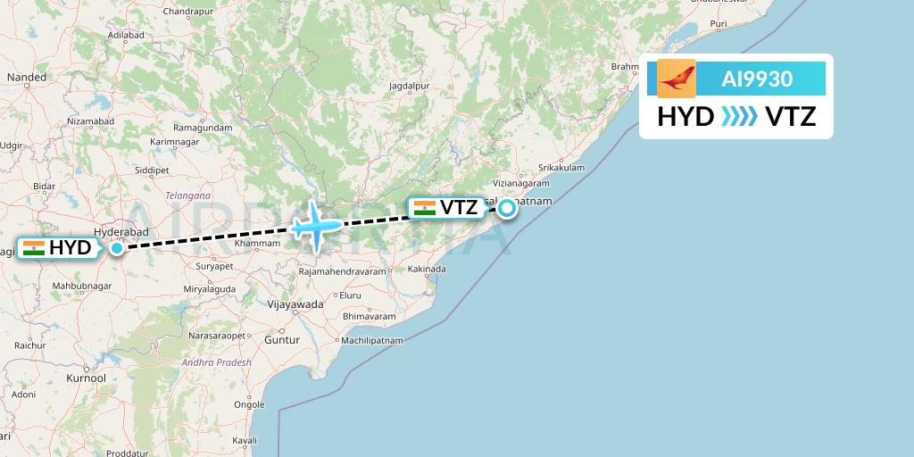 AI9930 Air India Flight Map: Hyderabad to Visakhapatnam