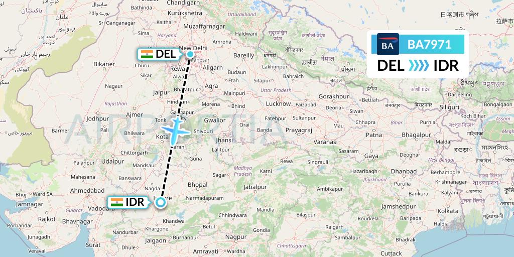 BA7971 British Airways Flight Map: Delhi to Indore