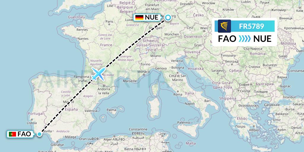 FR5789 Ryanair Flight Map: Faro to Nurnberg