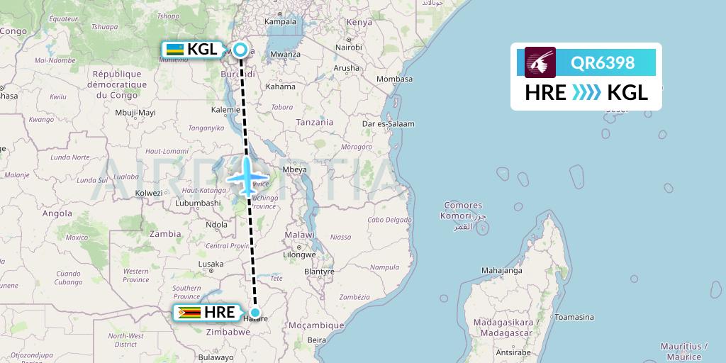 QR6398 Qatar Airways Flight Map: Harare to Kigali