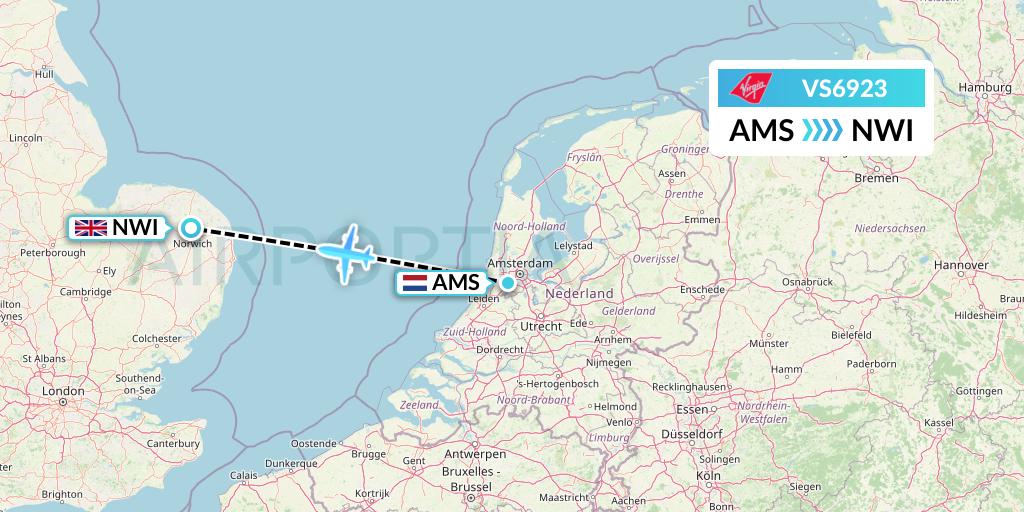 VS6923 Virgin Atlantic Airways Flight Map: Amsterdam to Norwich