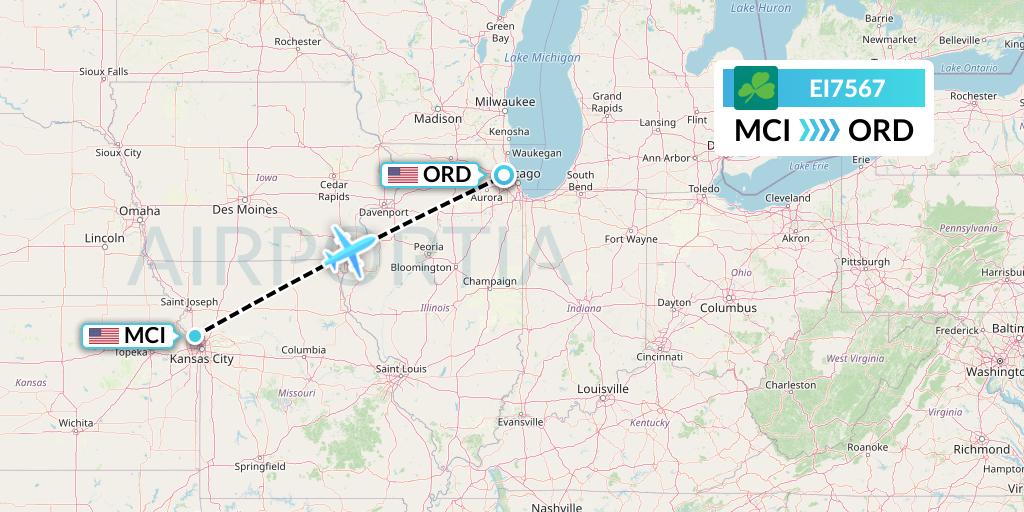 EI7567 Aer Lingus Flight Map: Kansas City to Chicago