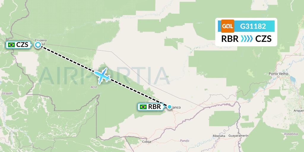 G31182 GOL Transportes Aeros Flight Map: Rio Branco to Cruzeiro do Sul