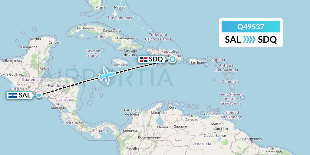 Q49537 Euroairlines Flight Map: San Salvador to Santo Domingo