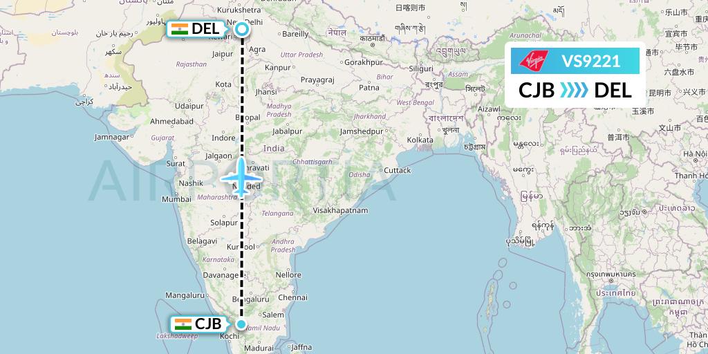VS9221 Virgin Atlantic Airways Flight Map: Coimbatore to Delhi