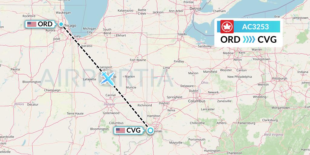 AC3253 Air Canada Flight Map: Chicago to Cincinnati